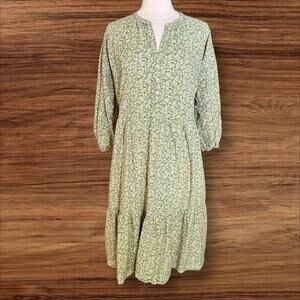 Free Assembly Flowy Midi Dress Sz L 3/4 Balloon Sleeves Blue Floral Country Core